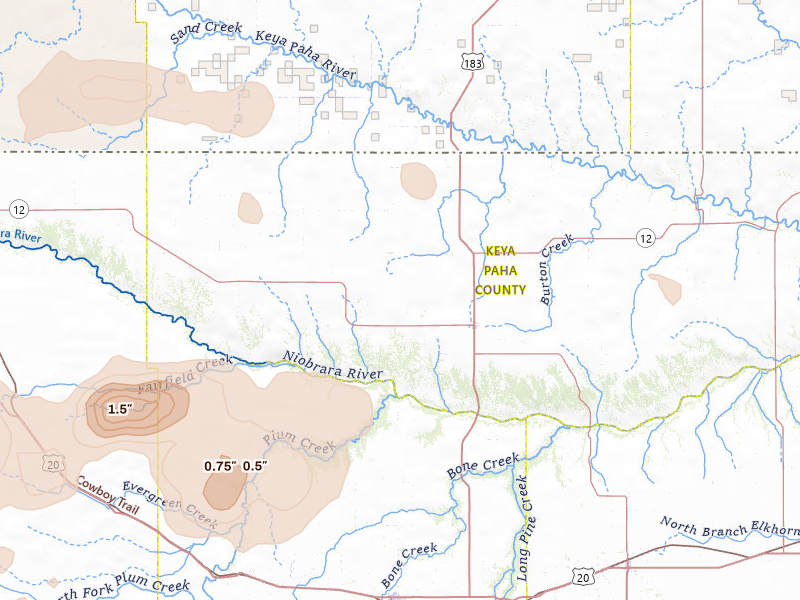 Radar-estimated hail-size map of the storm over Springview, NE on Jul 30, 2026