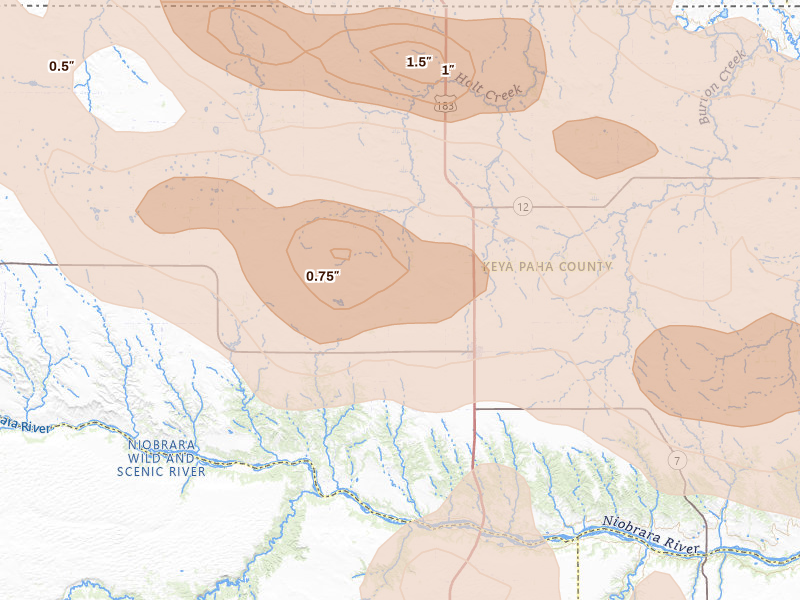 Radar-estimated hail-size map of the storm over Springview, NE on Aug 11, 2026