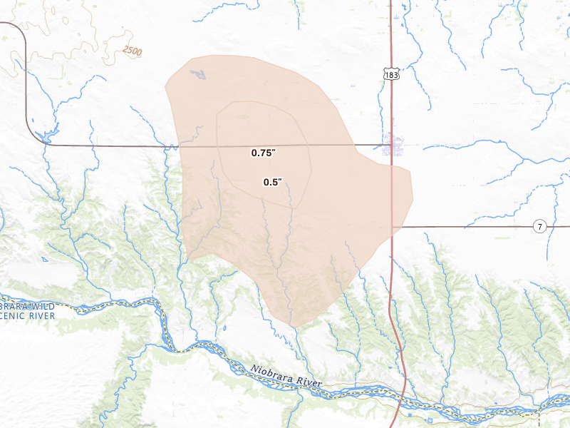 Radar-estimated hail-size map of the storm over Springview, NE on Aug 17, 2026