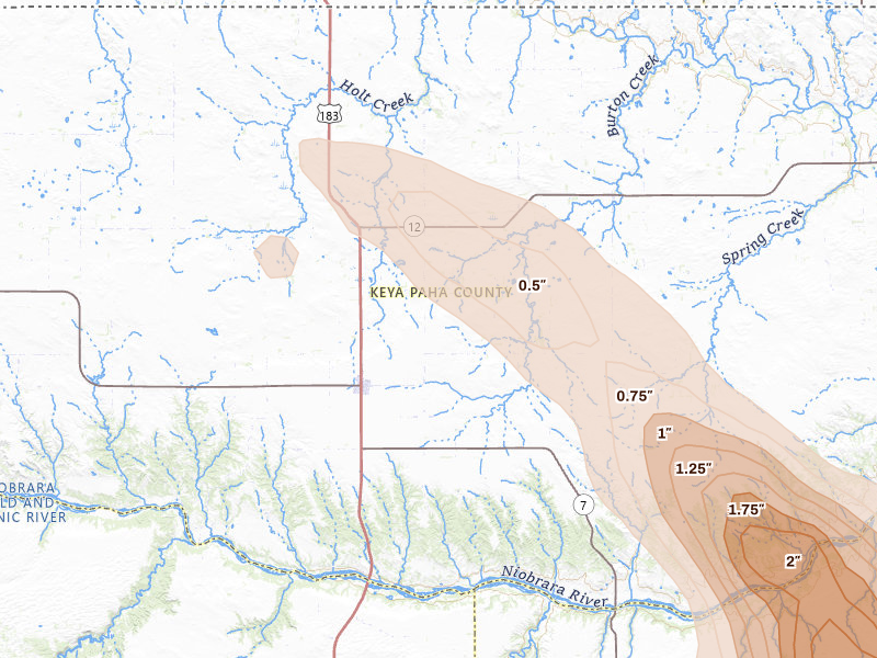Radar-estimated hail-size map of the storm over Springview, NE on Aug 19, 2026