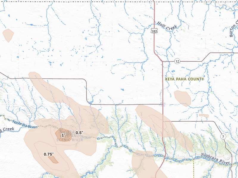 Radar-estimated hail-size map of the storm over Springview, NE on Aug 21, 2026
