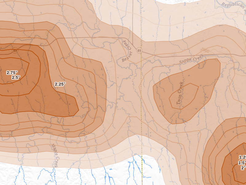 Radar-estimated hail-size map of the storm over Stamford, NE on Jun 8, 2026
