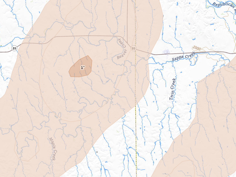 Radar-estimated hail-size map of the storm over Stamford, NE on Jun 9, 2026