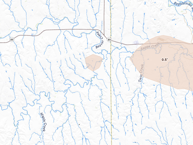 Radar-estimated hail-size map of the storm over Stamford, NE on Jul 30, 2026