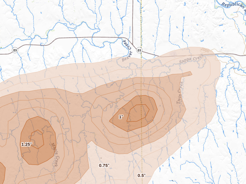Radar-estimated hail-size map of the storm over Stamford, NE