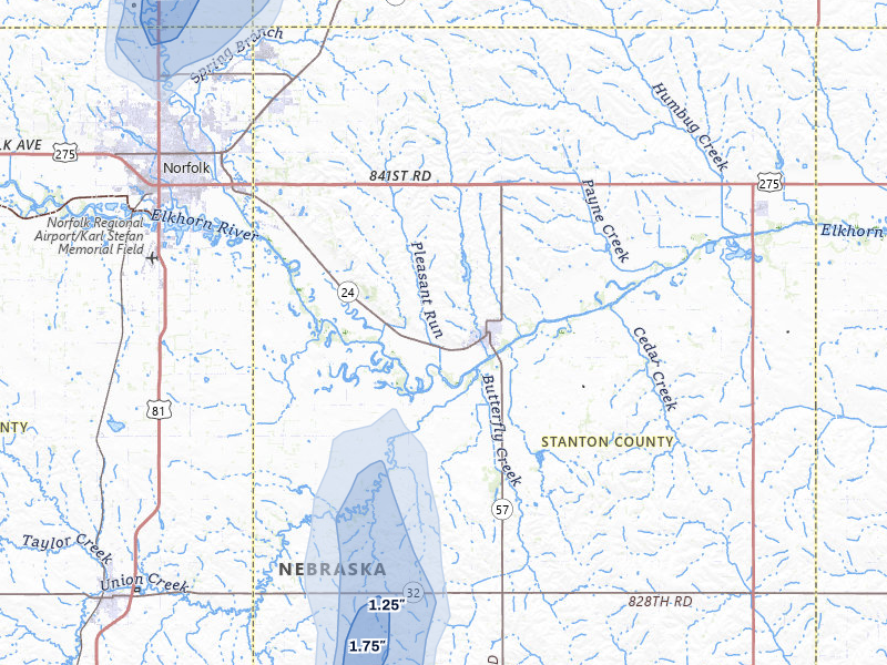 NEXRAD radar-signature map of the hail storm over Stanton, NE on May 16, 2026
