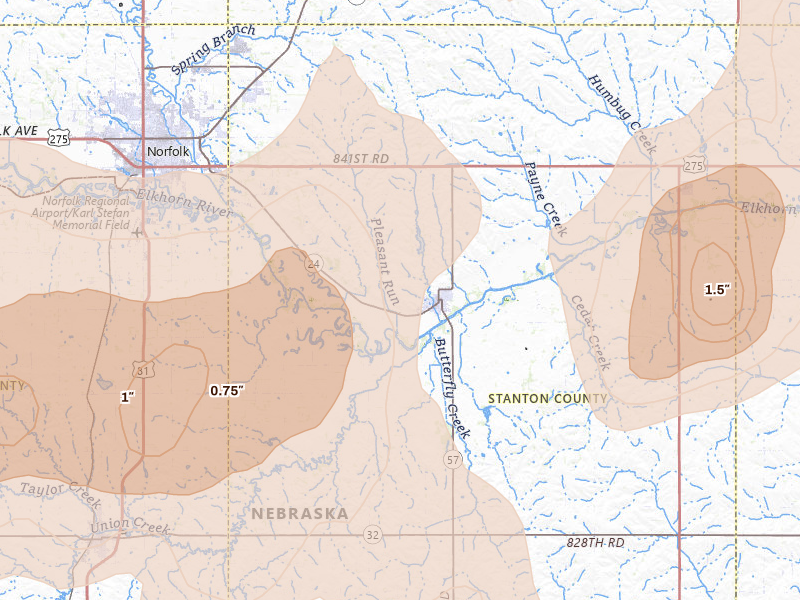 Radar-estimated hail-size map of the storm over Stanton, NE on May 17, 2026