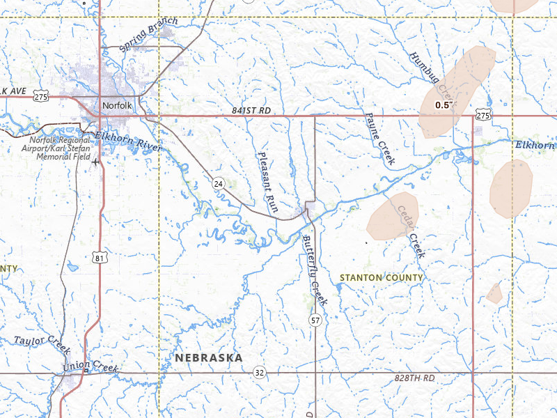 Radar-estimated hail-size map of the storm over Stanton, NE on May 18, 2026