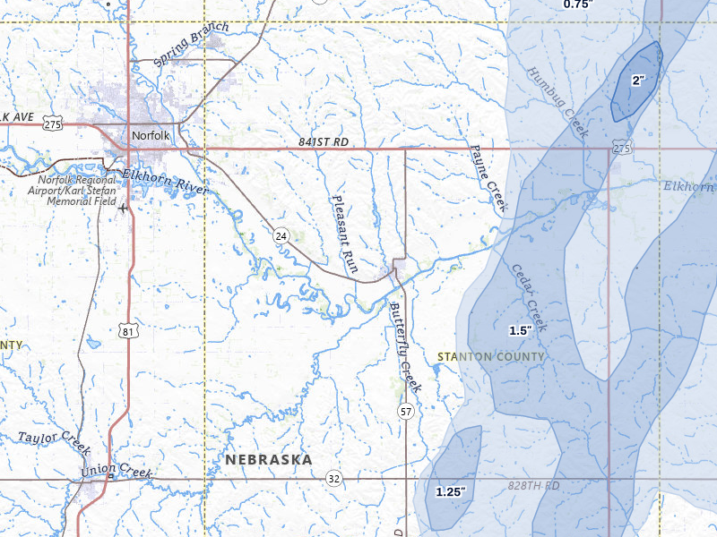 NEXRAD radar-signature map of the hail storm over Stanton, NE on May 18, 2026
