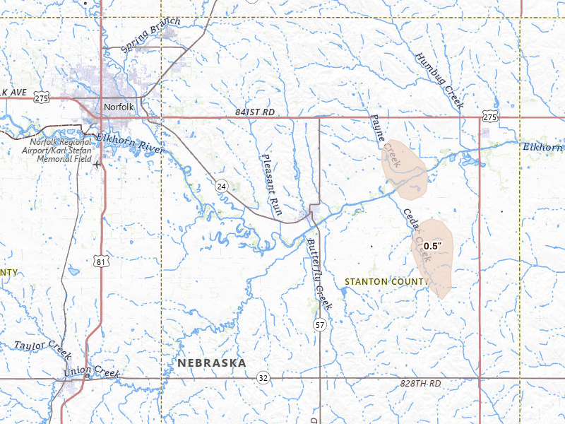 Radar-estimated hail-size map of the storm over Stanton, NE on May 30, 2026