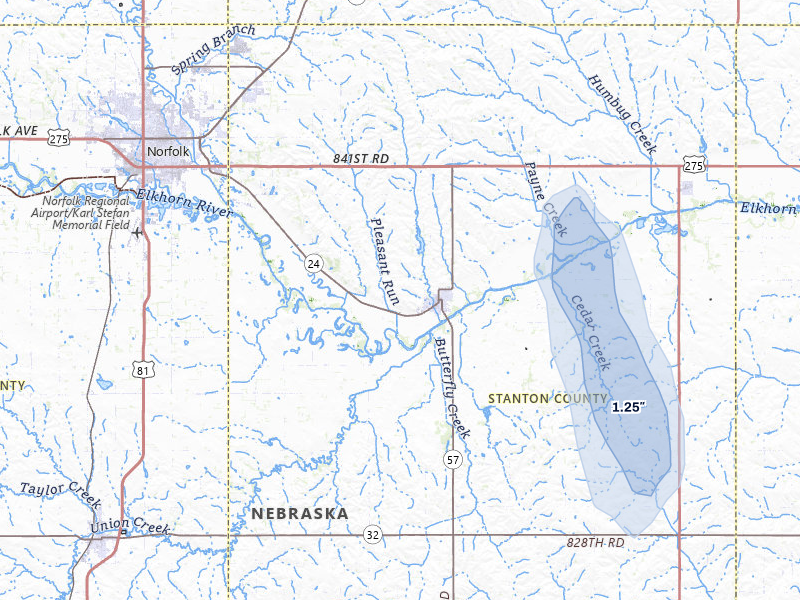 NEXRAD radar-signature map of the hail storm over Stanton, NE on May 30, 2026