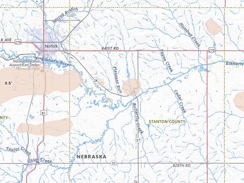 Radar-estimated hail-size map of the storm over Stanton, NE on Jun 12, 2026