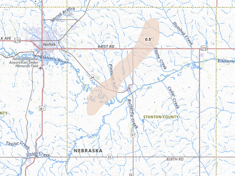 Radar-estimated hail-size map of the storm over Stanton, NE on Jul 1, 2026