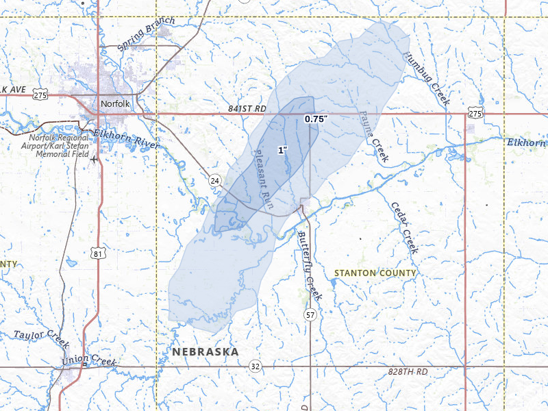 NEXRAD radar-signature map of the hail storm over Stanton, NE on Jul 1, 2026