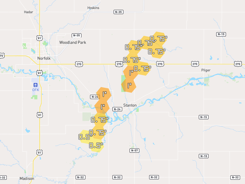 Hail map of Stanton, NE on Jul 2, 2026, hail up to 1"