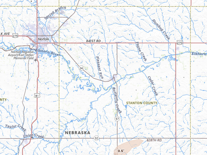 Radar-estimated hail-size map of the storm over Stanton, NE on Jul 8, 2026