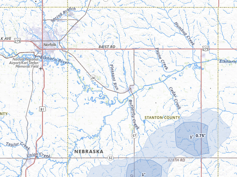 NEXRAD radar-signature map of the hail storm over Stanton, NE on Jul 8, 2026