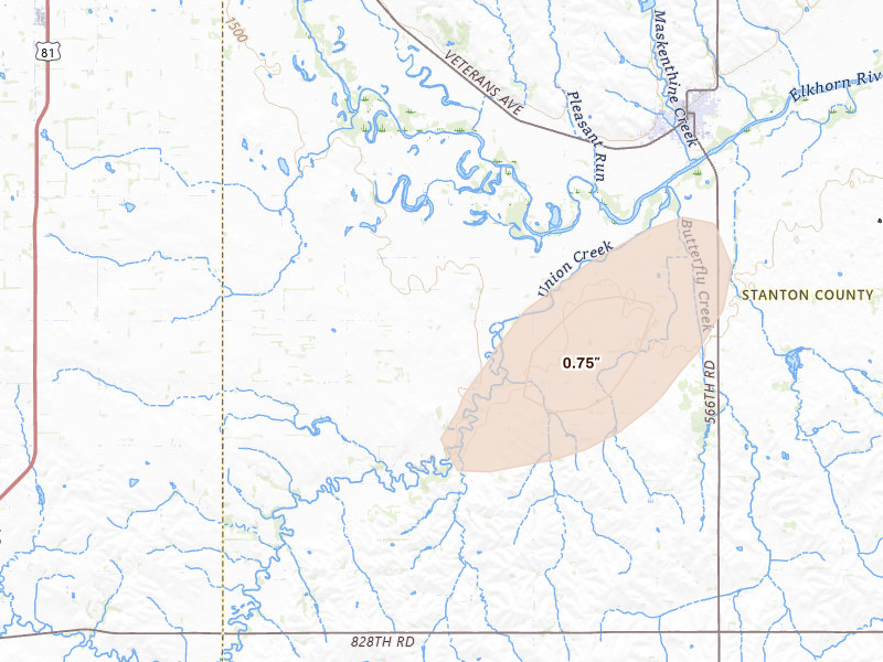 Radar-estimated hail-size map of the storm over Stanton, NE on Aug 13, 2026