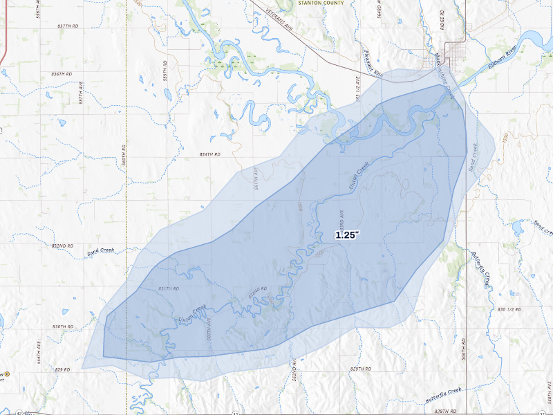 NEXRAD radar-signature map of the hail storm over Stanton, NE on Aug 13, 2026