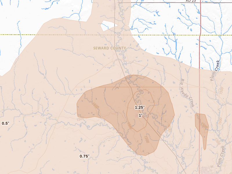 Radar-estimated hail-size map of the storm over Staplehurst, NE on Apr 25, 2026