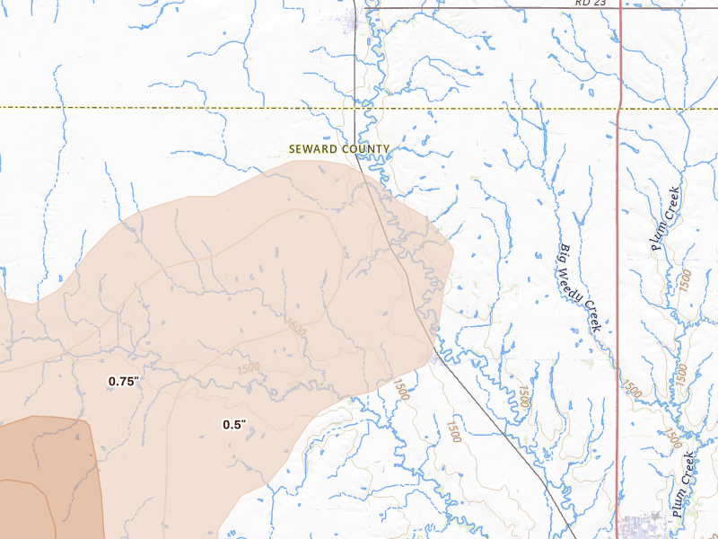 Radar-estimated hail-size map of the storm over Staplehurst, NE on Jun 5, 2026