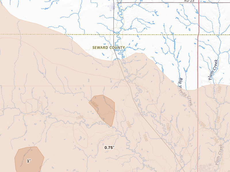 Radar-estimated hail-size map of the storm over Staplehurst, NE on Aug 19, 2026