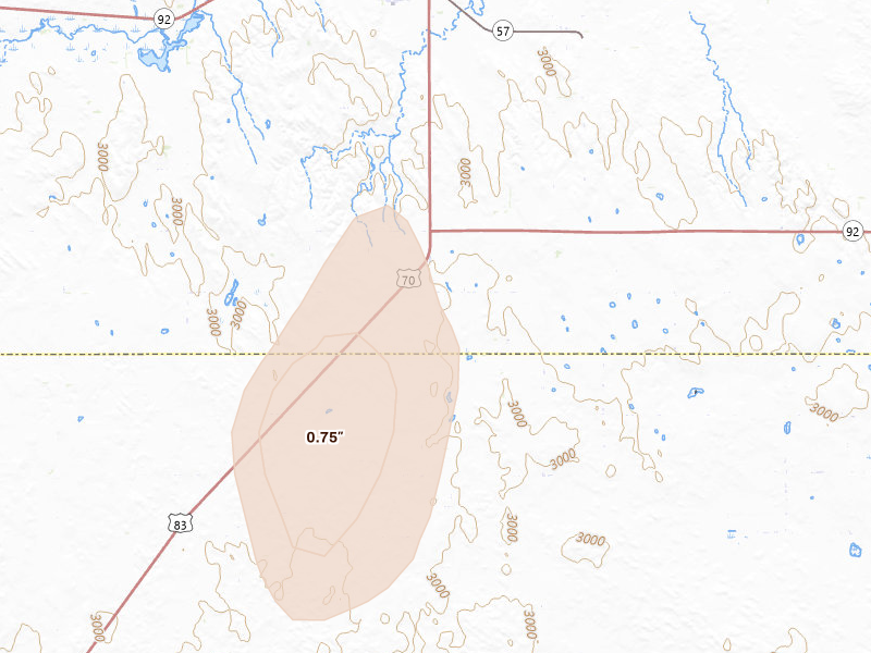 Radar-estimated hail-size map of the storm over Stapleton, NE on Jun 1, 2026