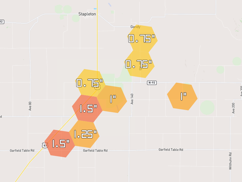 Hail map of Stapleton, NE on Jun 2, 2026, hail up to 1.5"