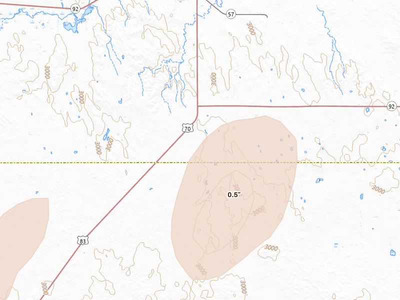 Radar-estimated hail-size map of the storm over Stapleton, NE on Jun 8, 2026