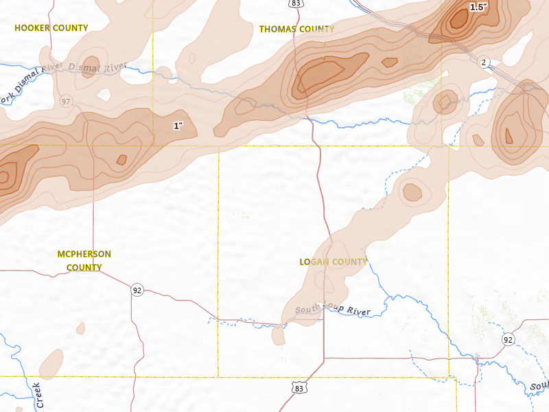 Radar-estimated hail-size map of the storm over Stapleton, NE on Jun 9, 2026