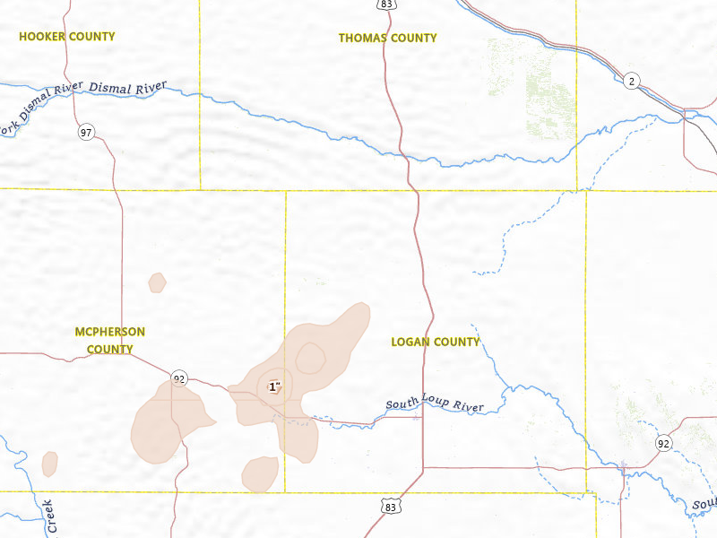 Radar-estimated hail-size map of the storm over Stapleton, NE on Jun 30, 2026