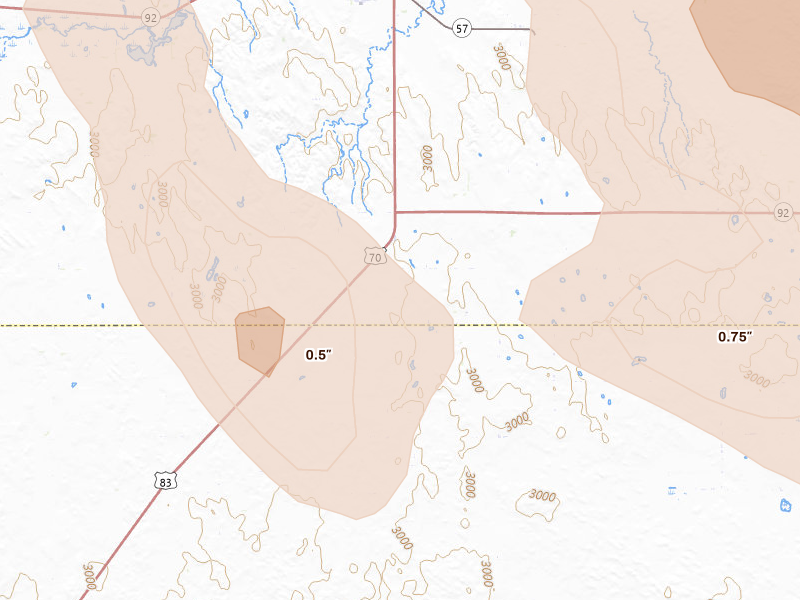 Radar-estimated hail-size map of the storm over Stapleton, NE on Jul 4, 2026