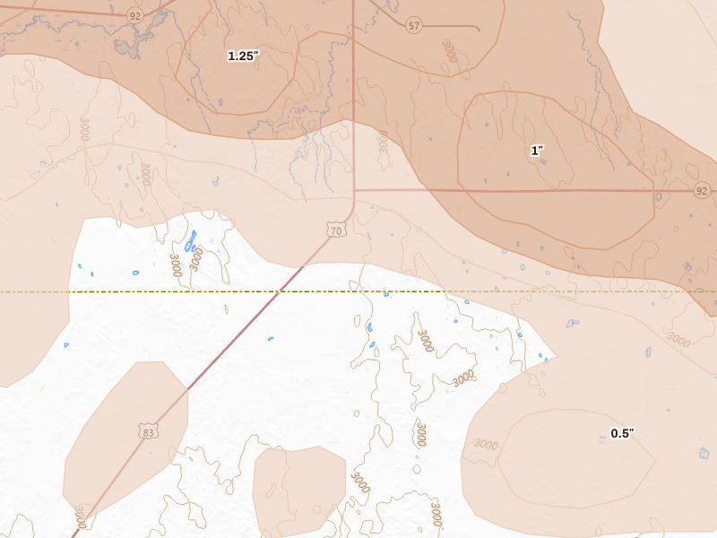 Radar-estimated hail-size map of the storm over Stapleton, NE on Jul 30, 2026