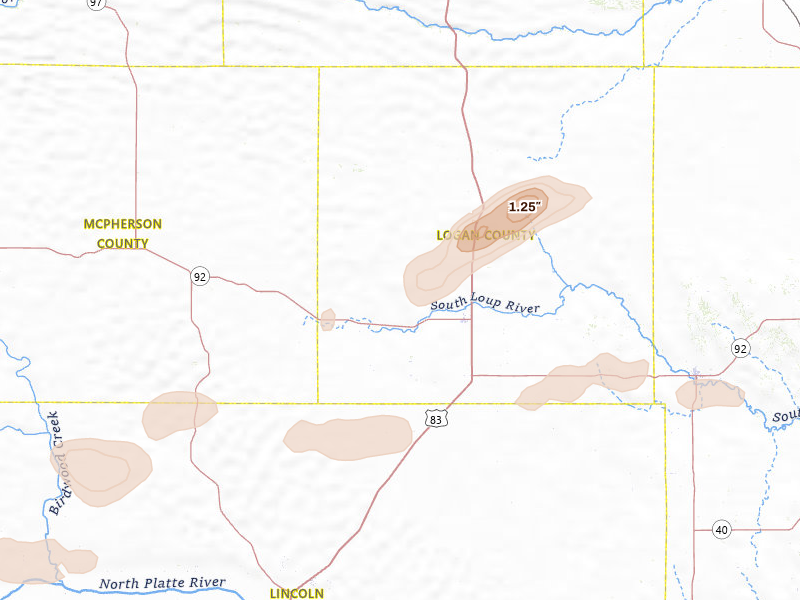 Radar-estimated hail-size map of the storm over Stapleton, NE on Aug 3, 2026