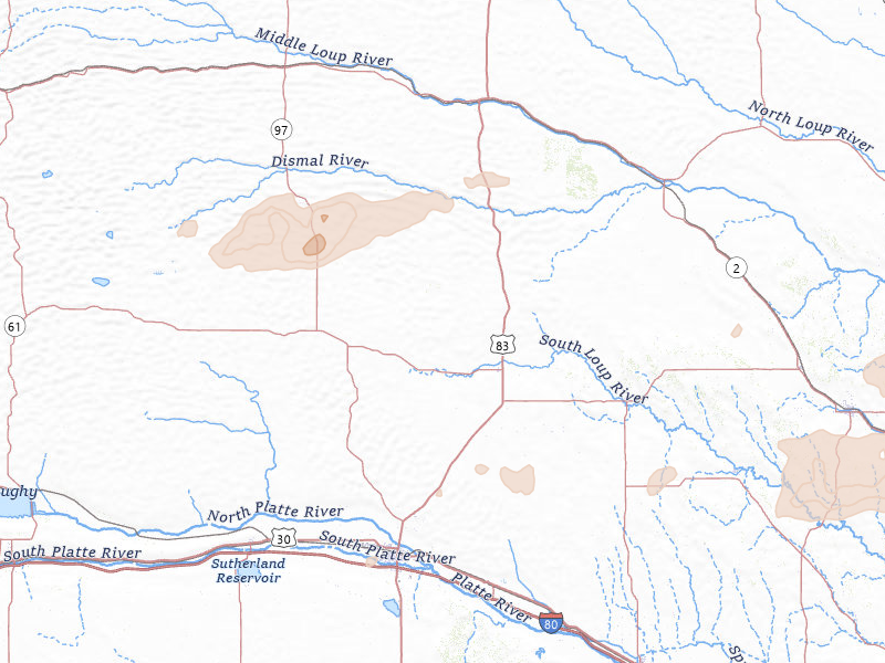 Radar-estimated hail-size map of the storm over Stapleton, NE on Aug 12, 2026