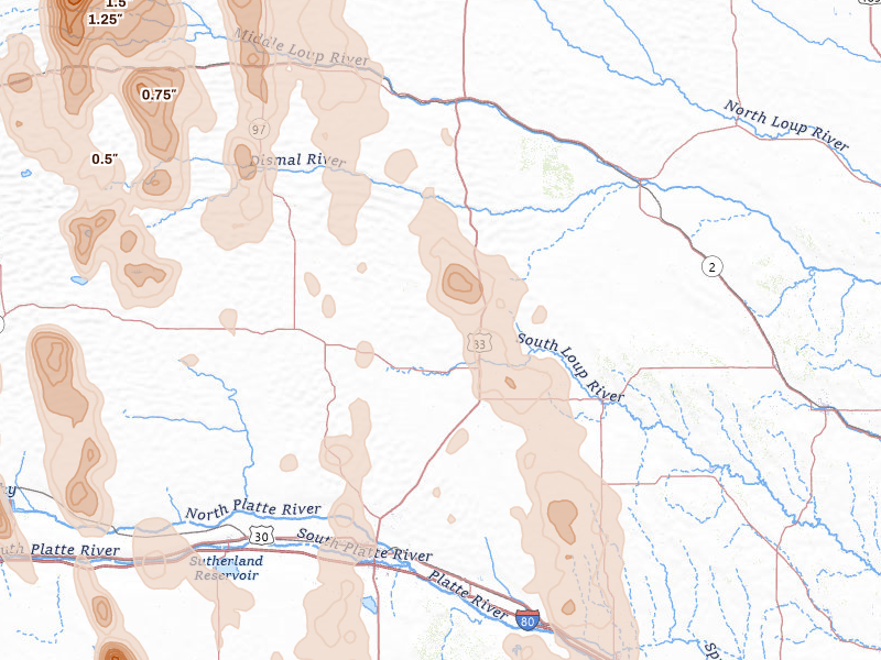Radar-estimated hail-size map of the storm over Stapleton, NE on Aug 27, 2026