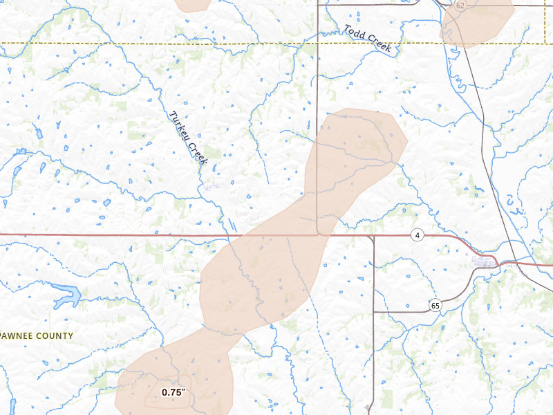 Radar-estimated hail-size map of the storm over Steinauer, NE on Mar 5, 2026