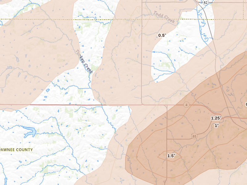 Radar-estimated hail-size map of the storm over Steinauer, NE on Apr 23, 2026