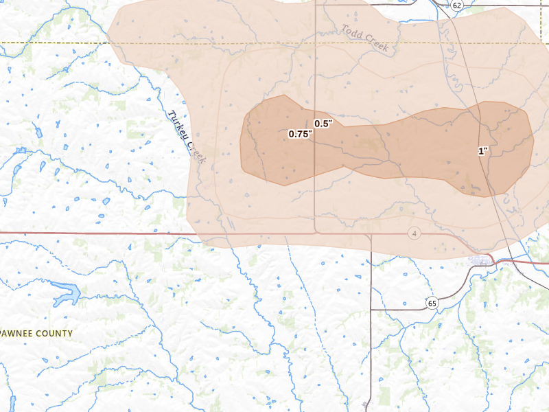 Radar-estimated hail-size map of the storm over Steinauer, NE on Apr 25, 2026