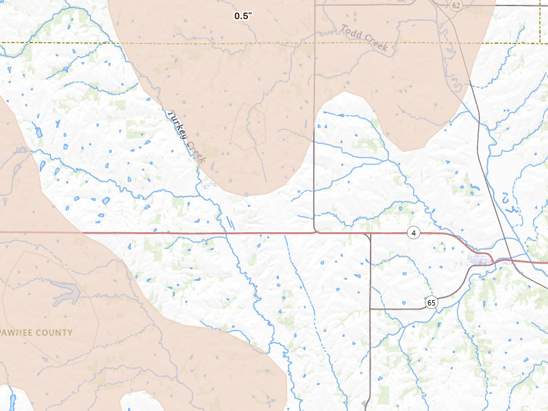 Radar-estimated hail-size map of the storm over Steinauer, NE on Jul 3, 2026