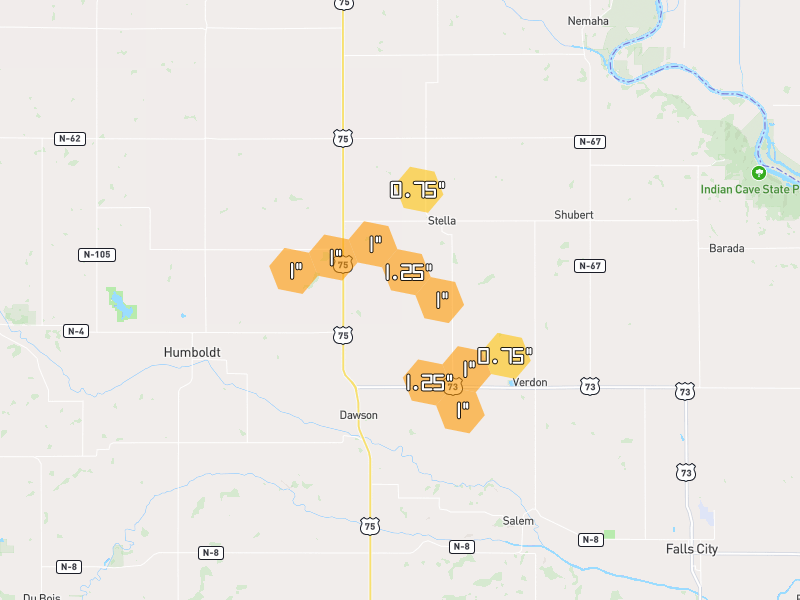 Hail map of Stella, NE on Jul 4, 2026, hail up to 1.25"