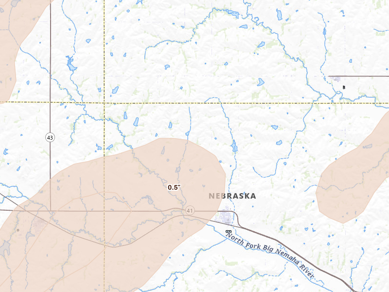 Radar-estimated hail-size map of the storm over Sterling, NE on Jun 5, 2026