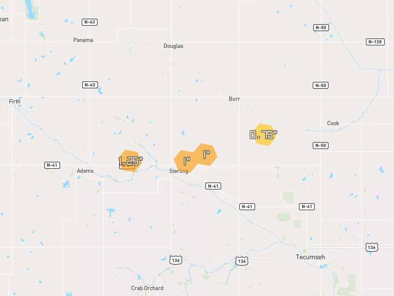 Hail map of Sterling, NE on Jun 6, 2026, hail up to 1.25"