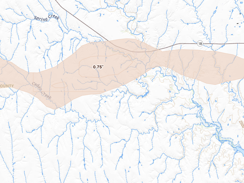 Radar-estimated hail-size map of the storm over Stockville, NE on Jun 12, 2026