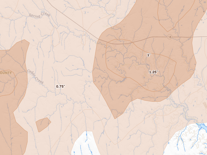 Radar-estimated hail-size map of the storm over Stockville, NE on Jul 2, 2026