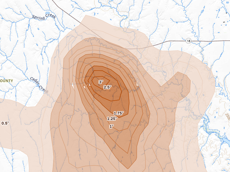 Radar-estimated hail-size map of the storm over Stockville, NE on Aug 20, 2026