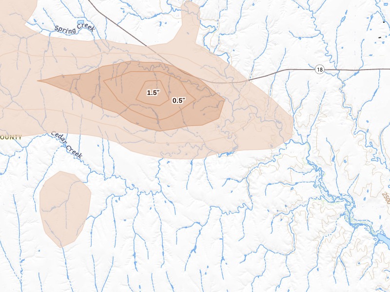 Radar-estimated hail-size map of the storm over Stockville, NE on Aug 26, 2026