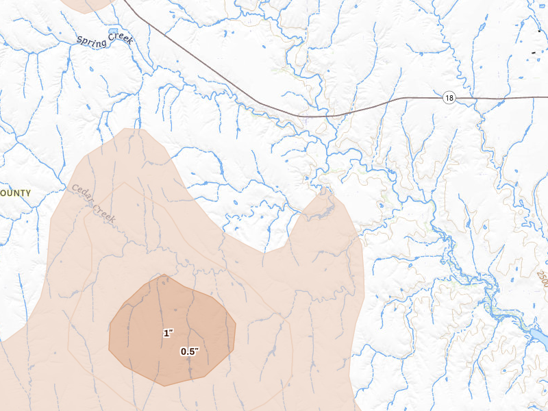 Radar-estimated hail-size map of the storm over Stockville, NE on Aug 27, 2026