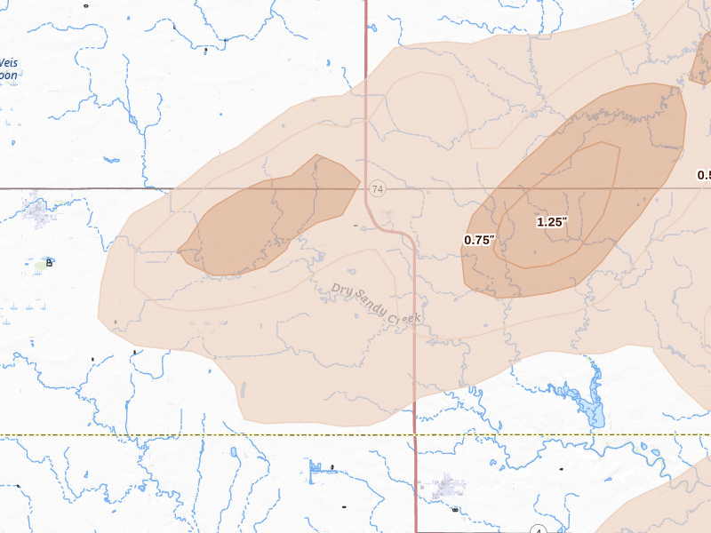 Radar-estimated hail-size map of the storm over Strang, NE on Apr 25, 2026