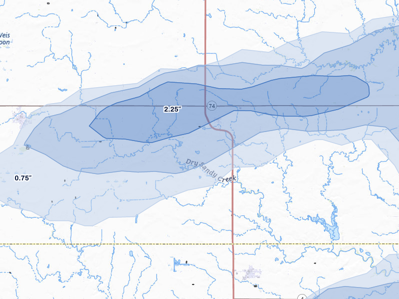 NEXRAD radar-signature map of the hail over Strang, NE